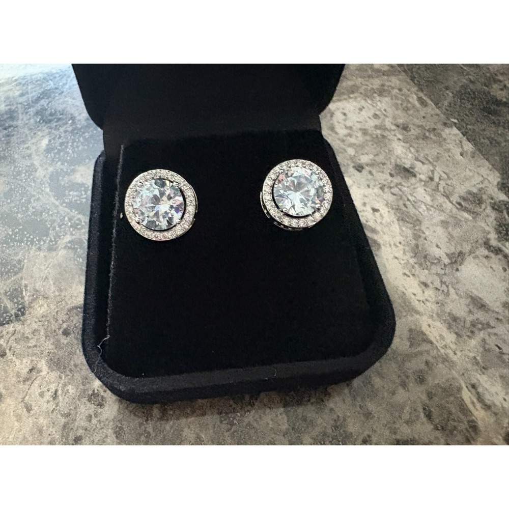 Silver Tone Round Halo Cubic Zirconia Stud Earrings Brilliant Cut Pave Border - Picture 4 of 14